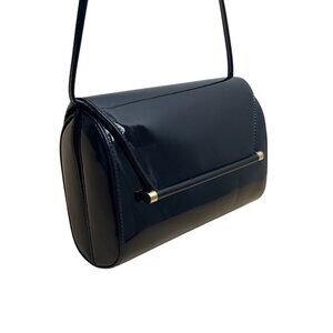 JR Women’s Black Patent Leather With Gold Bar Detail Crossbody Barrel Bag Sz M